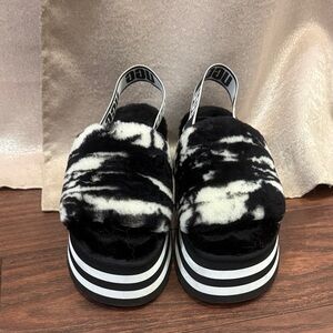 UGG Black & White Faux-Fur Platform Slides